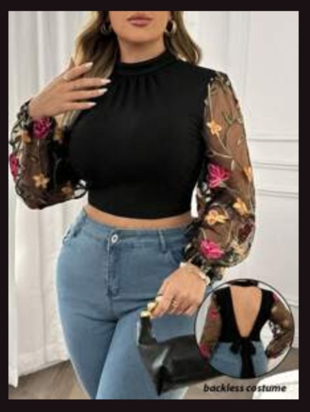 SHEIN Black Cropped Tie-Back Top with Embroidered Floral Mesh Sleeves